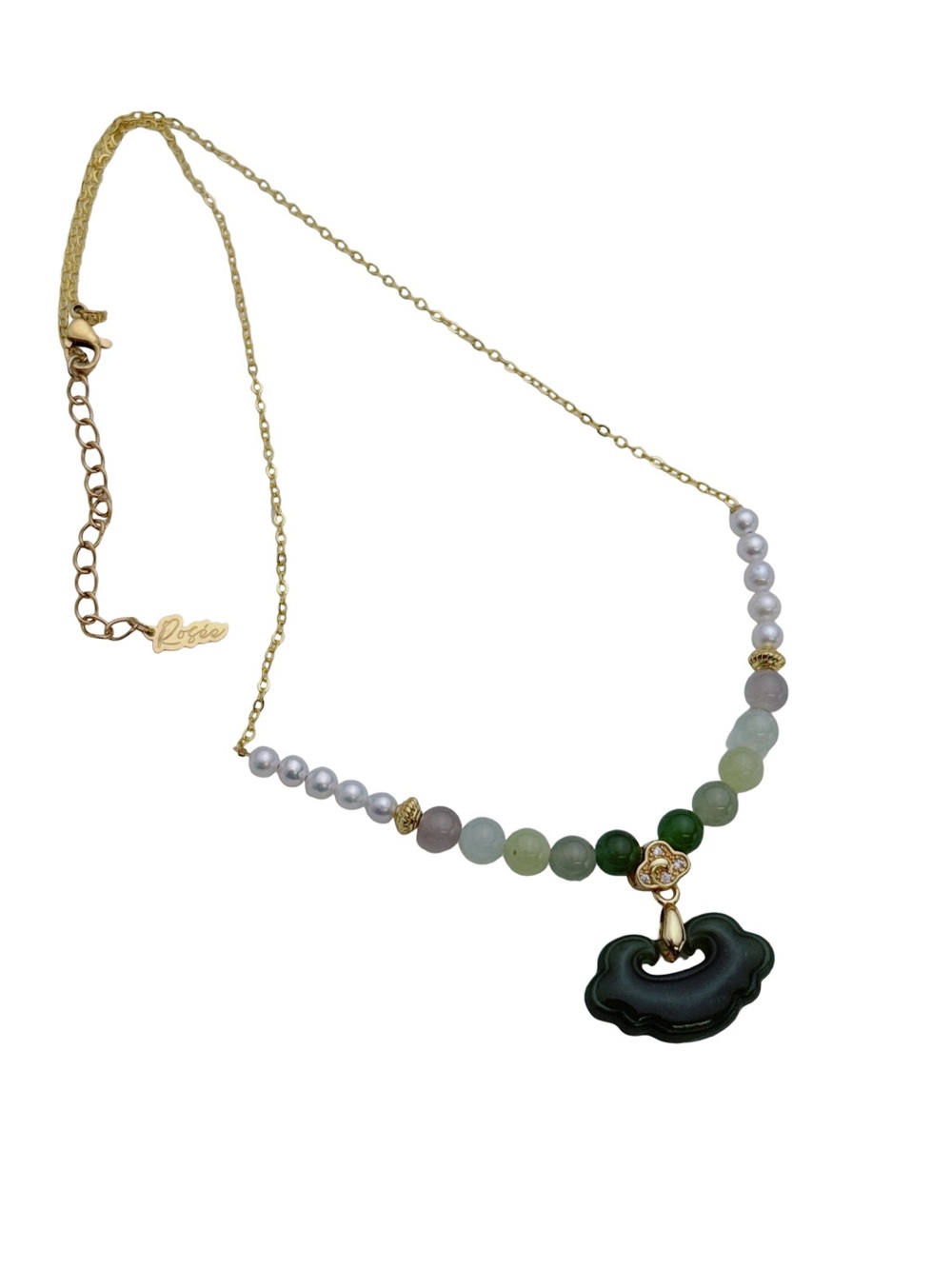 Handmade Freshwater Pearl with Lucky Cloud Jade Pendant 16+2” 26X463 Gold Plated